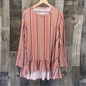 Sunday Morning Top ~ Pink with Multi-Color Stripes ~ Long Sleeved ~ High/Lo ~ 2X